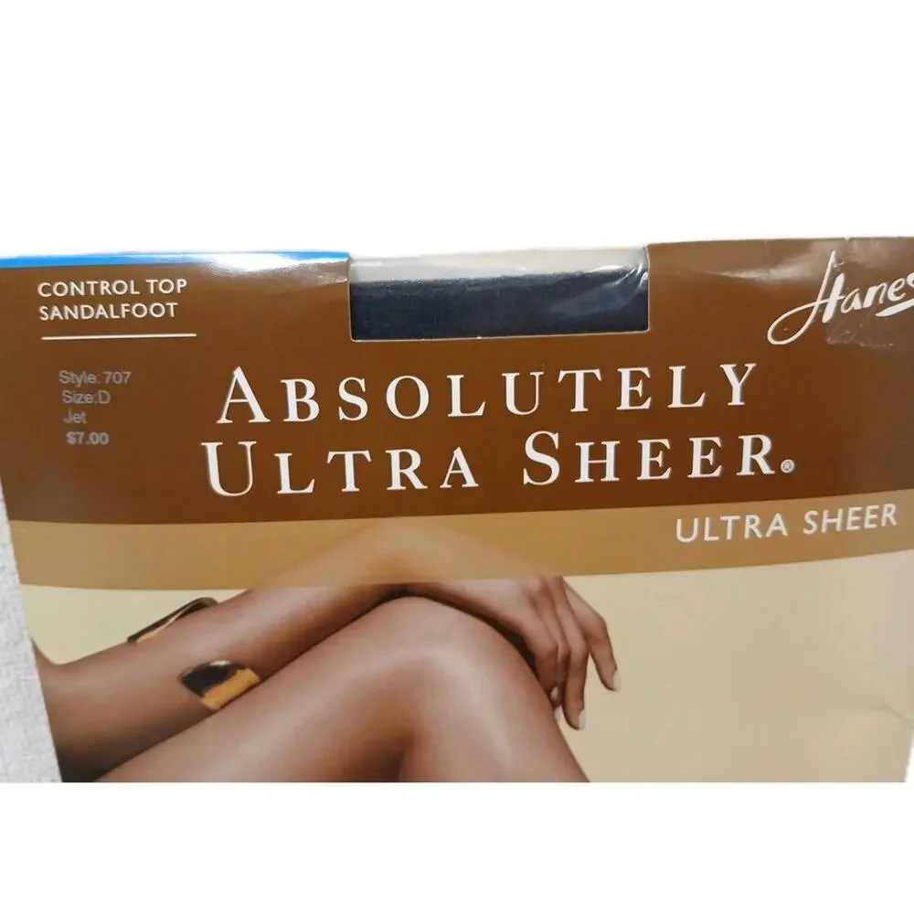 Vintage New Hanes Control Top Sandalfoot Ultra Sheer Pantyhose JET Sz D No Lines